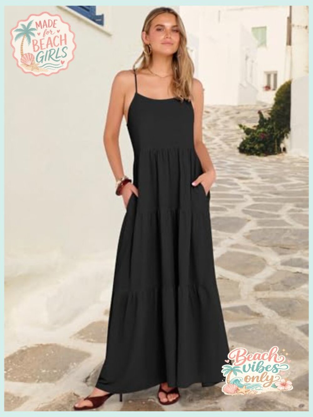 Sleeveless Spaghetti Strap Tiered Maxi Dress Flowy Boho Sundress Beach Vacation - Picture 6 of 7